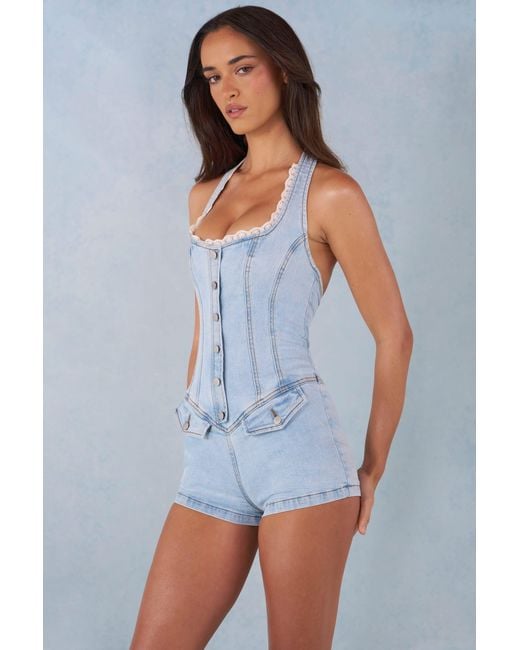 Oh Polly Blue Button-Down Halterneck Playsuit