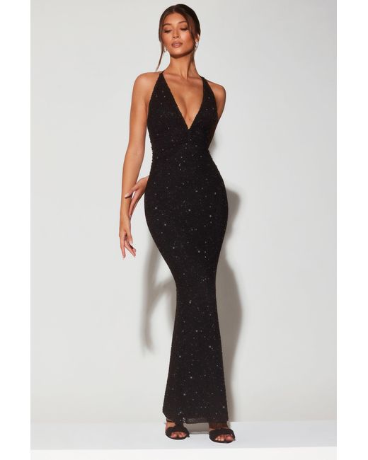 Oh Polly Black Embellished Plunge Halter Neck Evening Gown