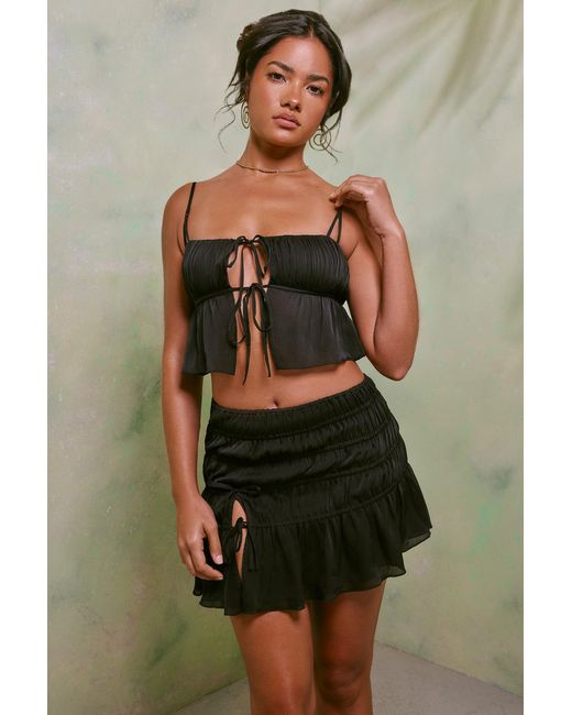 Oh Polly Black Shirred Thigh High Split Mid Rise Mini Skirt