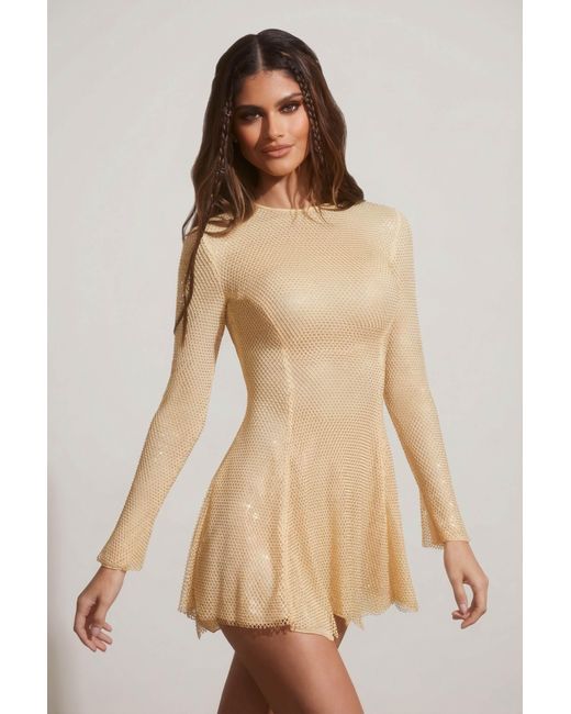 Oh Polly Metallic Embellished Long Sleeve Backless Mini Dress
