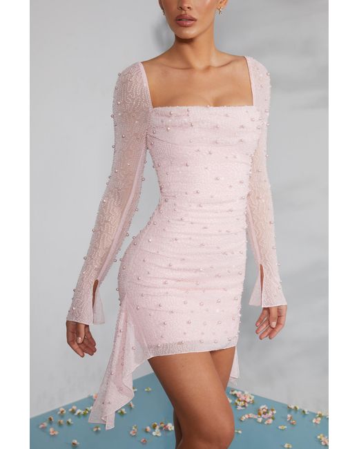 Oh Polly Pink Long Sleeve Embellished Cowl Neck Mini Dress