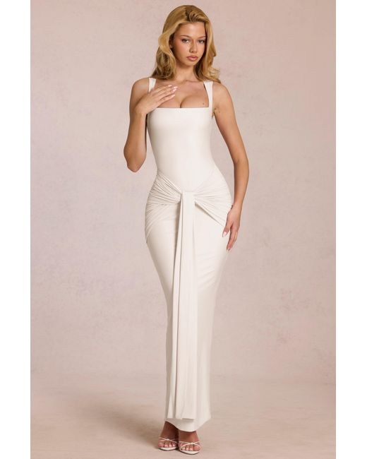 Oh Polly White Square-Neck Tie-Gather Maxi Dress