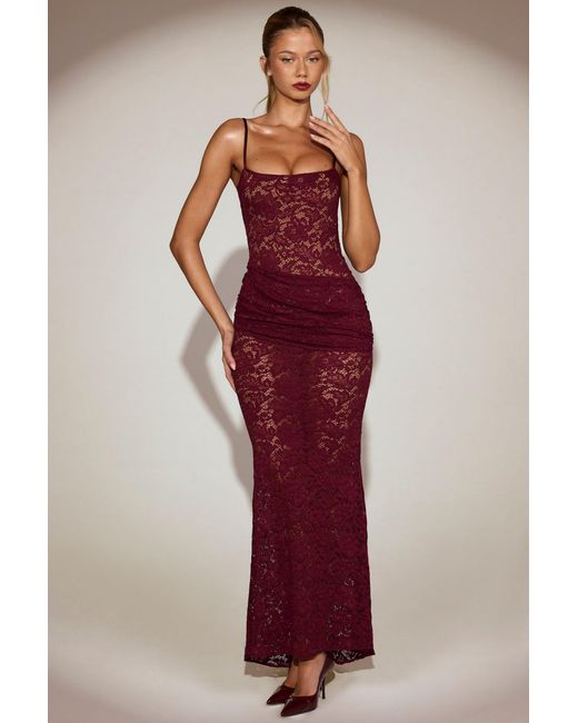 Oh Polly Red Sheer Lace Square-Neck Ruched Gown