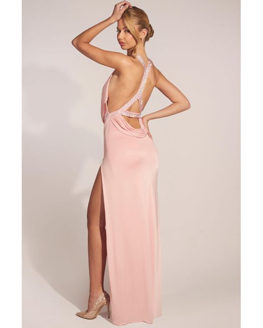 Oh Polly Pink Cowl-Neck Thigh-High Gown