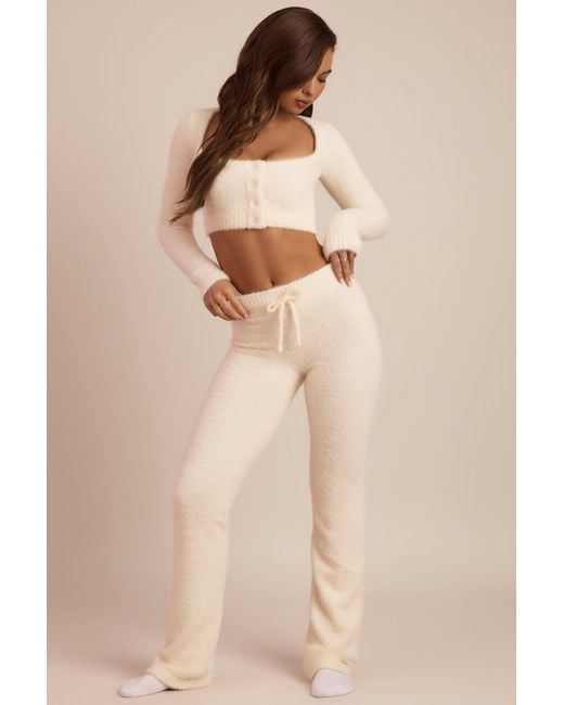Oh Polly White Fluffy Knit Wide-Leg Trousers