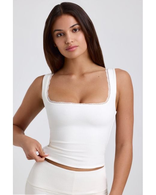Oh Polly White Ribbed Modal Lace-Trim Tank Top