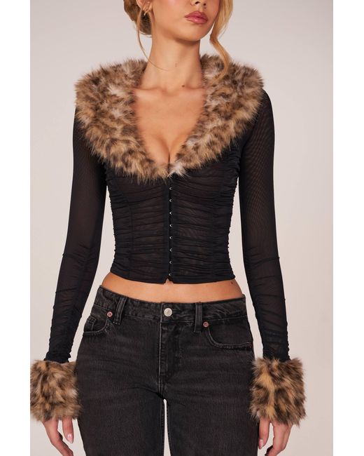 Oh Polly Black Faux Fur-Trim Sheer Mesh Cardigan
