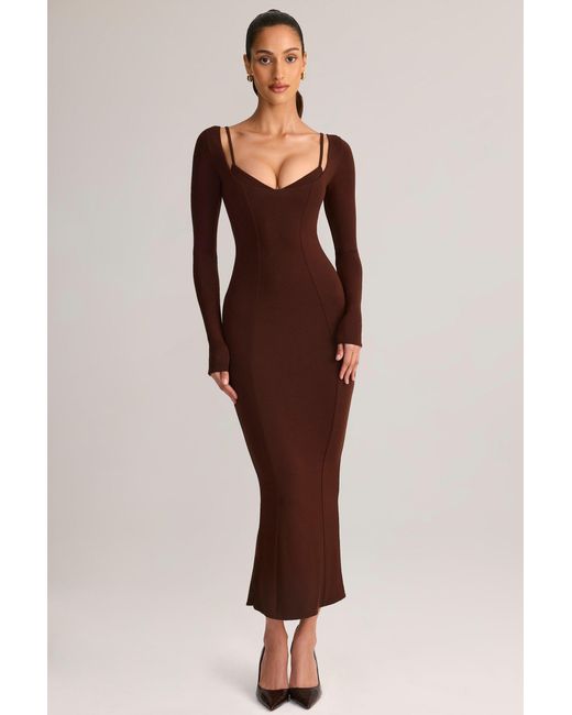 Oh Polly Brown Modal Peekaboo Long-Sleeve Midi Dress