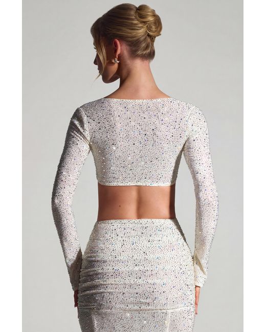 Oh Polly White Embellished Long-Sleeve Crop Top