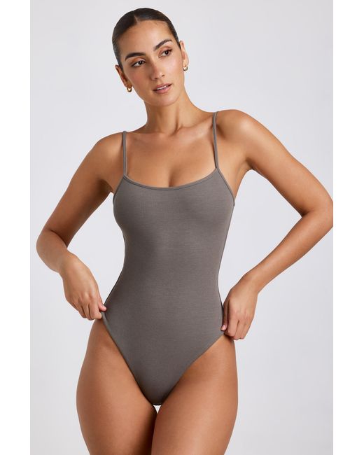 Oh Polly Gray Ribbed Modal Square Neck Bodysuit