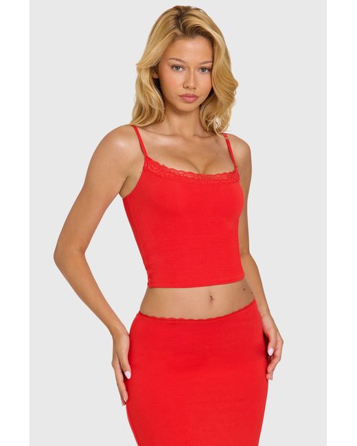 Oh Polly Red Modal Lace-Trim Top