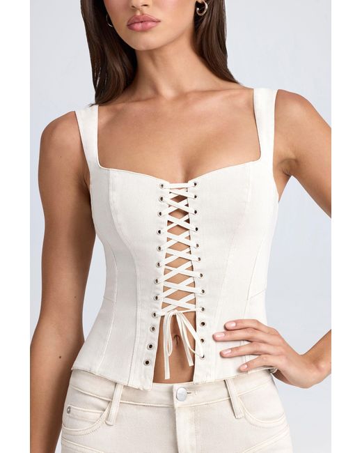 Oh Polly White Denim Style Lace-Up Corset Top