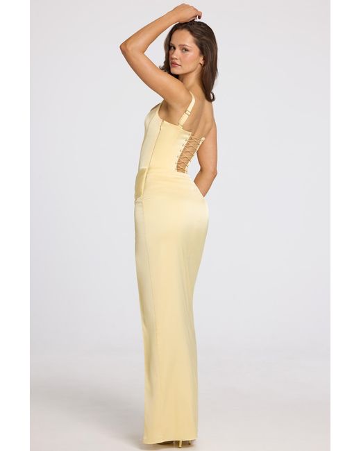 Oh Polly Yellow Corseted Thigh-High Split Maxi Dress
