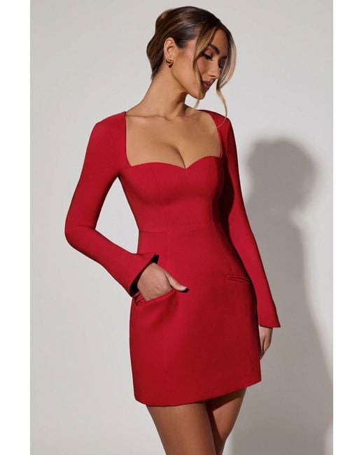 Oh Polly Red Sweetheart-Neck Long-Sleeve A-Line Mini Dress