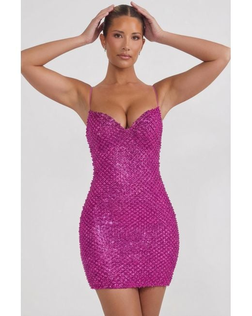 Oh Polly Pink Embellished Sweetheart-Neck Mini Dress