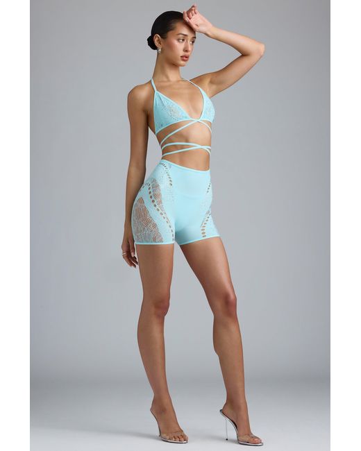 Oh Polly Blue Embellished High-Waist Shorts