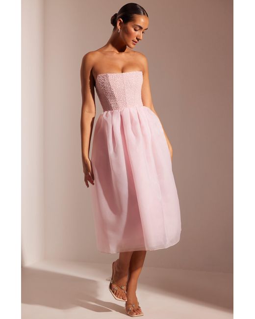 Oh Polly Pink Embellished Corset Tulle Skirt Midi Dress