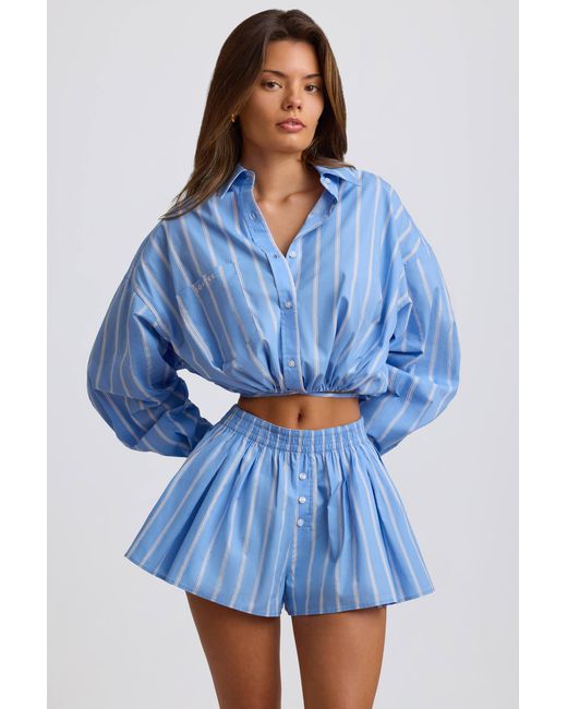 BO+TEE Blue Cotton Poplin Stripe Multiway Cropped Shirt