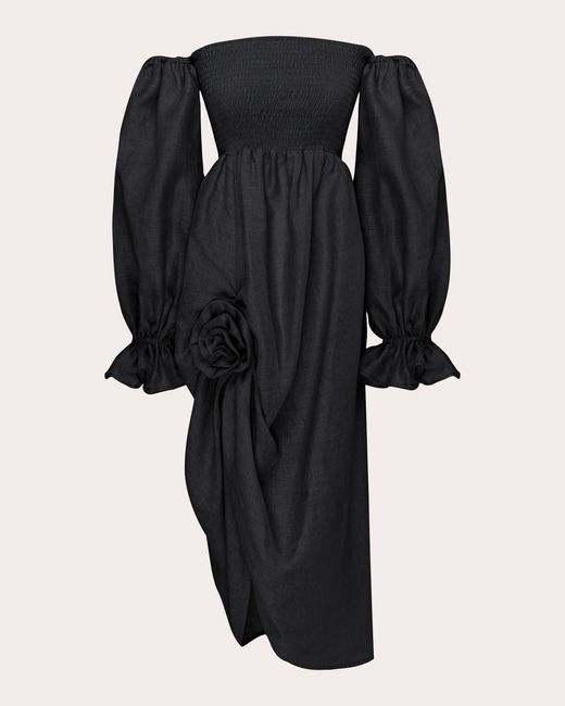 Sleeper Black Atlanta Rose Linen Midi Dress