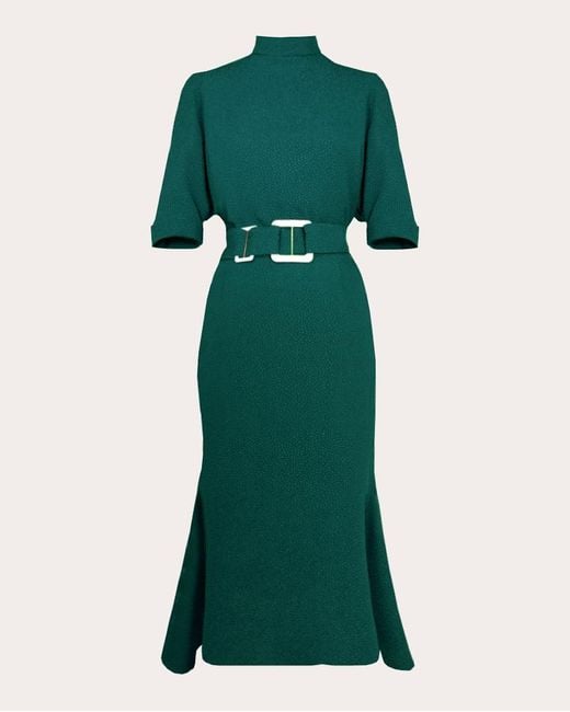 edeline lee green dress Women's dark green silk long belted dress