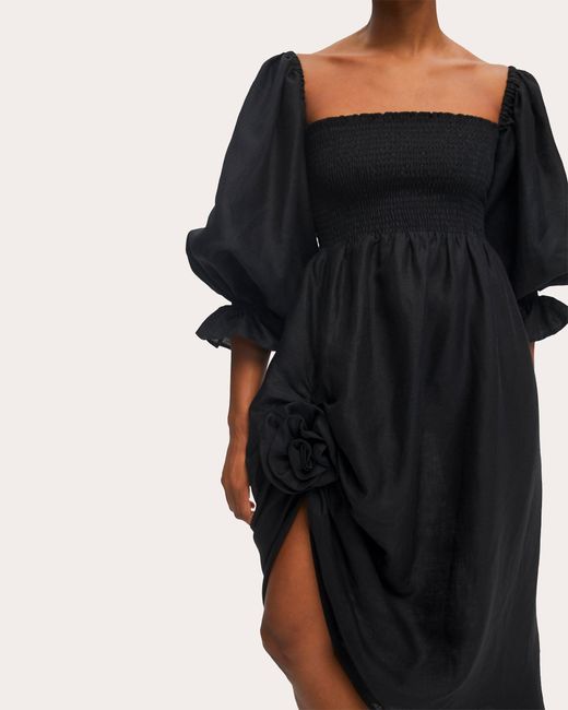 Sleeper Black Atlanta Rose Linen Midi Dress
