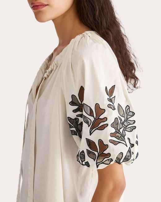 Merlette Natural Lumi Embroidered Voile Tie-Neck Top
