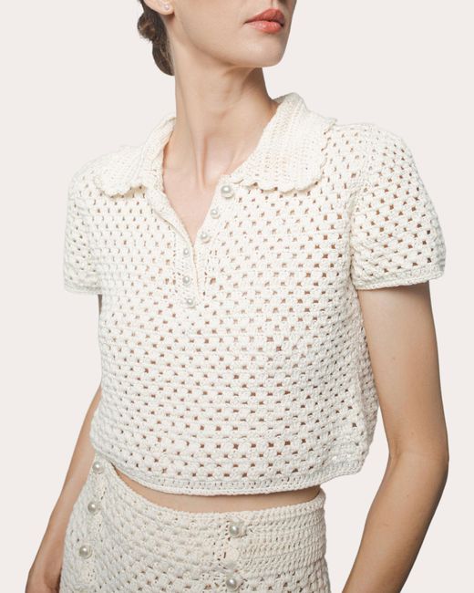 Santicler Natural Margot Hand Crochet Cropped Polo Top