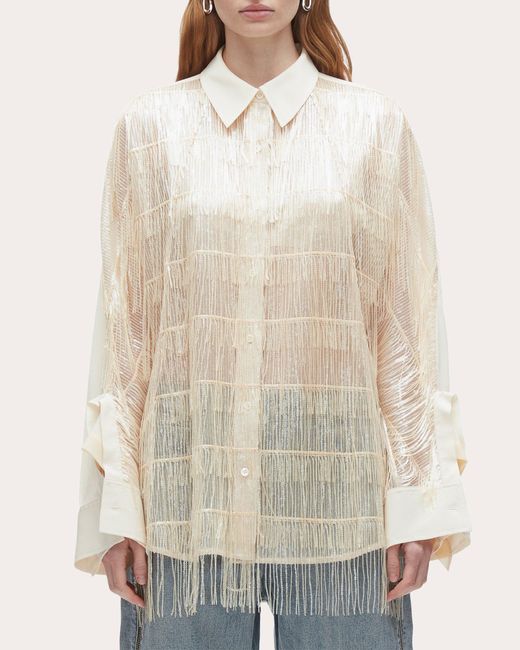 3.1 Phillip Lim Natural Embroidered Sequin Fringe Crepe Cascade Blouse