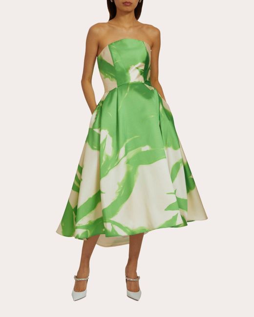 Amsale Green Mikado Arched Tea-length Dress