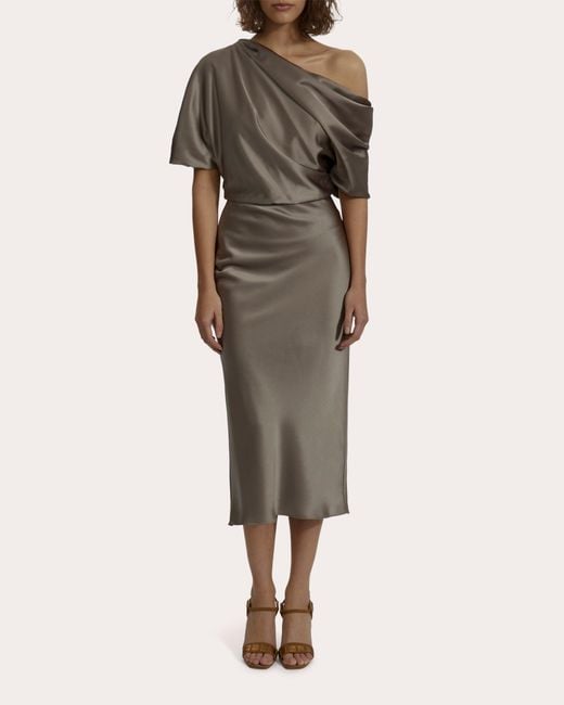 Amsale Natural Satin Draped Asymmetric Midi Dress