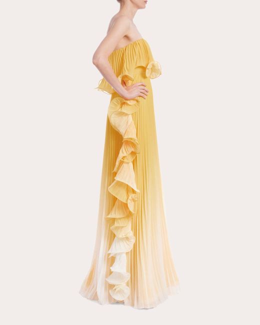 Badgley Mischka Yellow Ombré Ruffle Strapless Gown