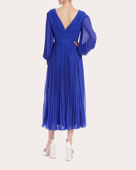 Badgley Mischka Blue Pleated V-neck Midi Dress