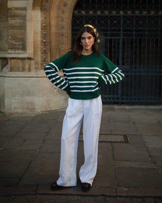 With Nothing Underneath Green Devon Stripe Cotton Crewneck Sweater