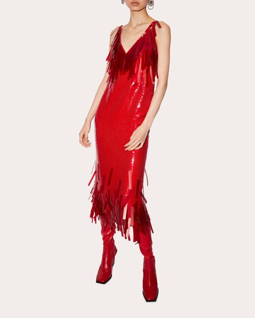 Huishan Zhang Red Ludmila Sequin Fringe Midi Dress