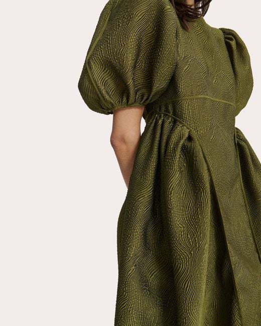 CECILIE BAHNSEN Green Fonda Matelassé Puff-Sleeve Dress