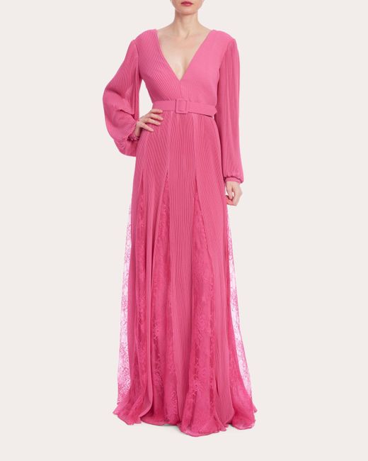 Badgley Mischka Pink Pleated Lace Godet Gown