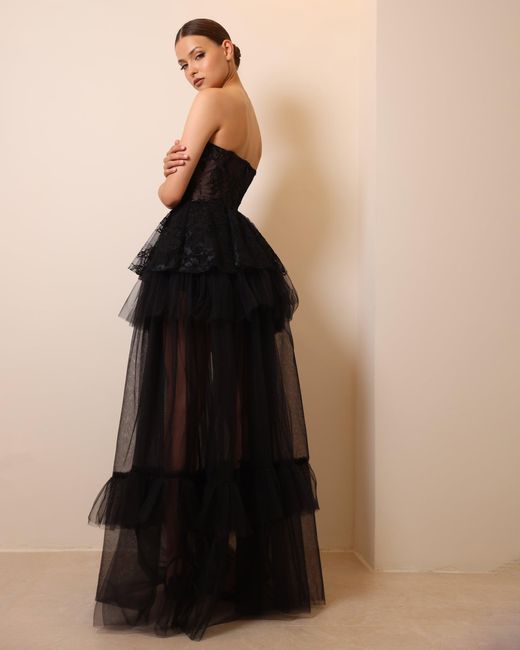 Rayane Bacha Black Bianca Lace Ruffle Dress