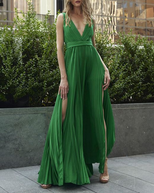 SemSem Green Plissé V-neck Slit Maxi Dress
