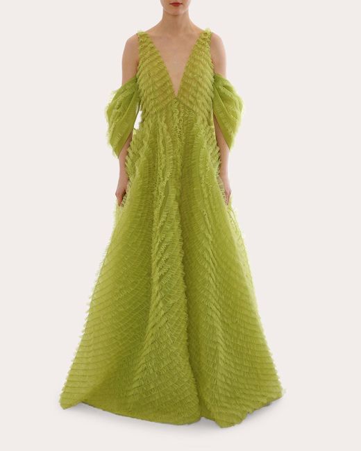 Huishan Zhang Green Selma Embroidered Tulle Gown