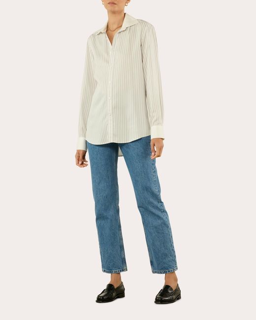 With Nothing Underneath Blue The Boyfriend Stripe Tencel Contrast Button-Up Shirt