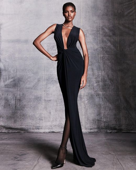 LAQUAN SMITH Blue Ruched Deep-v Gown