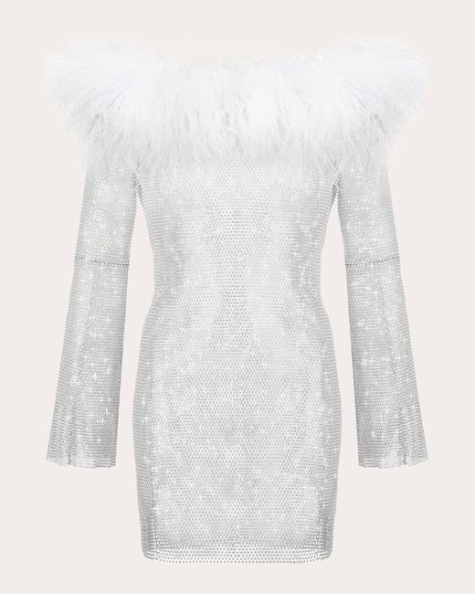 Santa Brands White Rhinestone Feather Off-shoulder Mini Dress