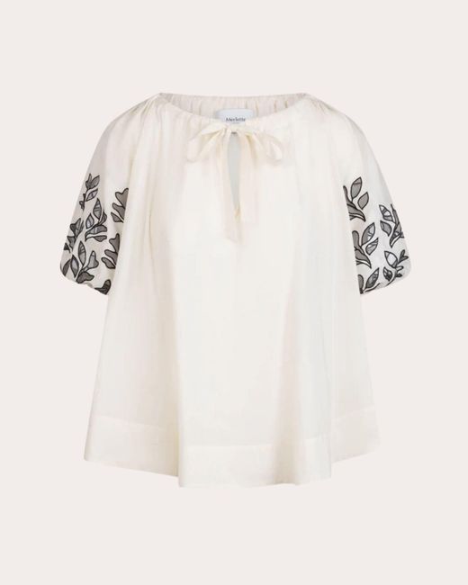 Merlette Natural Lumi Embroidered Voile Tie-Neck Top