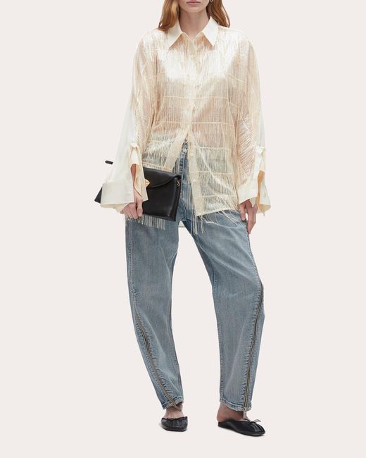3.1 Phillip Lim Natural Embroidered Sequin Fringe Crepe Cascade Blouse