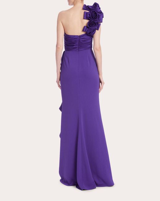 Badgley Mischka Purple Asymmetric Rosette Gown