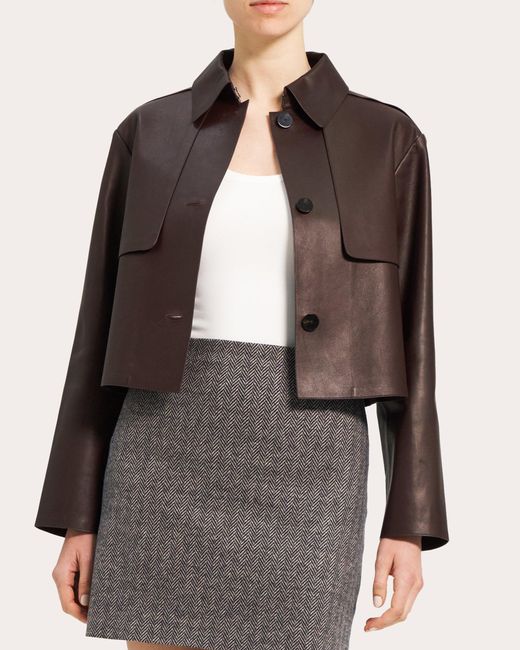 Theory Cropped Leather Trench Coat in Brown Lyst