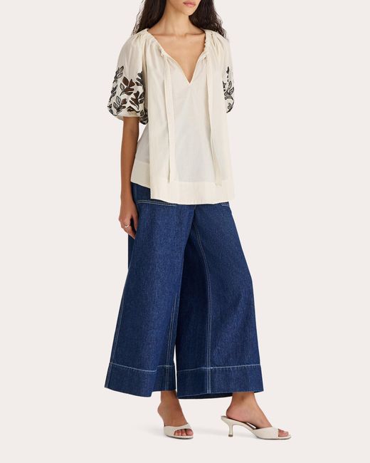 Merlette Natural Lumi Embroidered Voile Tie-Neck Top