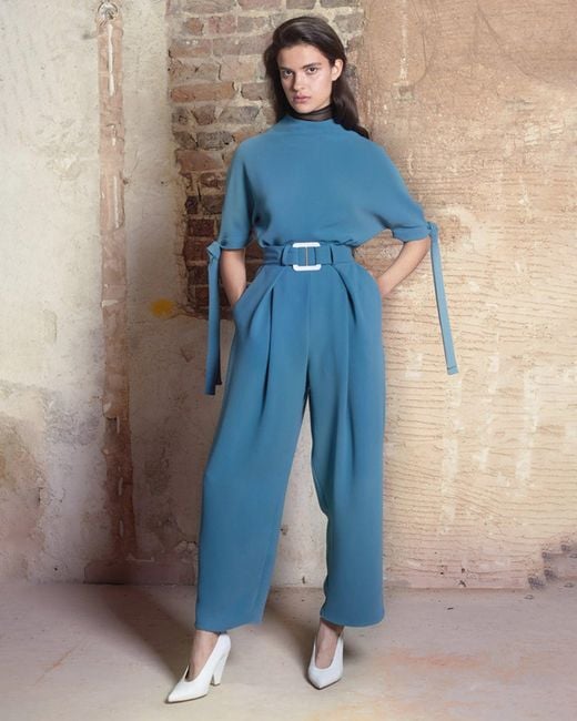 Edeline Lee Blue Pedernal Jacquard Tie-Sleeve Top