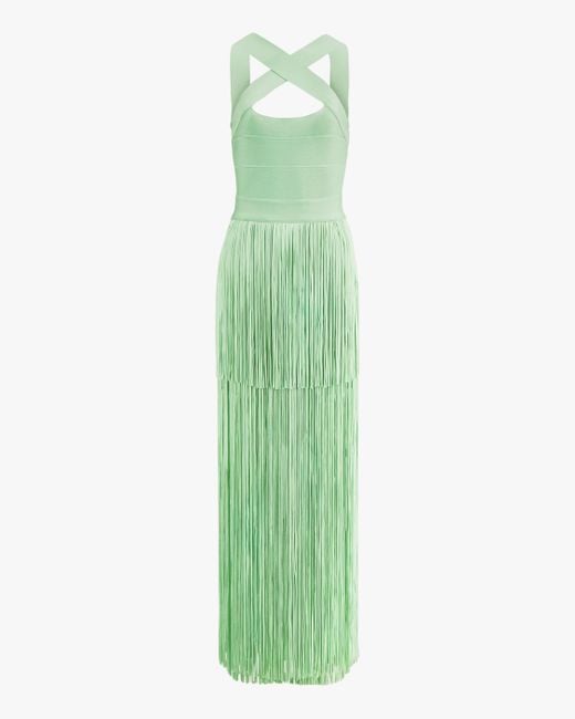 Hervé Léger Green Women's Cross-neck Fringe Gown