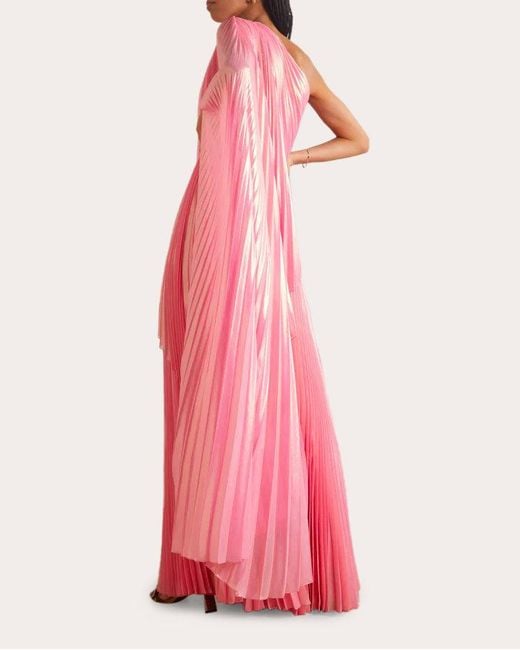 SemSem Pink Draped Plissé Lamé Asymmetric Maxi Dress